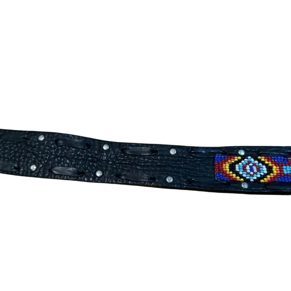 Leather Beaded Belt Black South Western Cowboy Rodeo